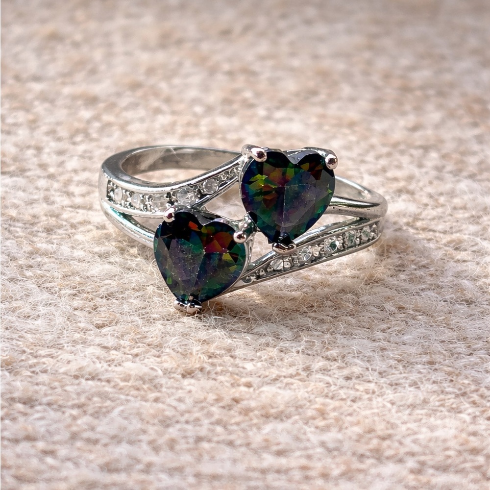 Sterling Silver Double Heart Ring – Size 9.5 – Stamped 925 – Iridescent Stones